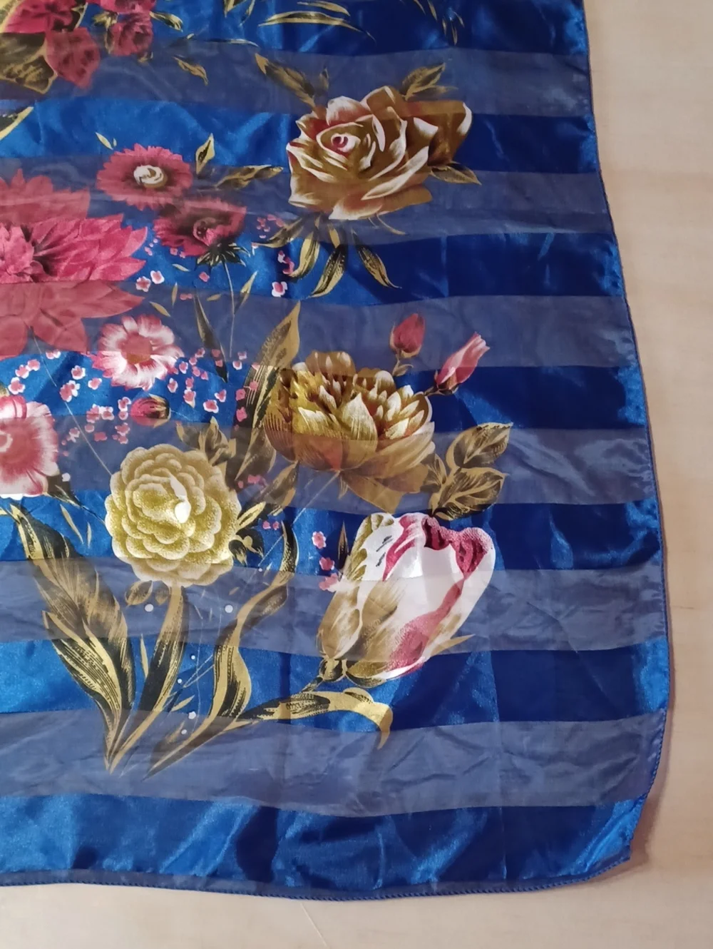 Vintage Floral Striped Square Scarf Blue Chiffon Satin 39×39 Grandma-Core